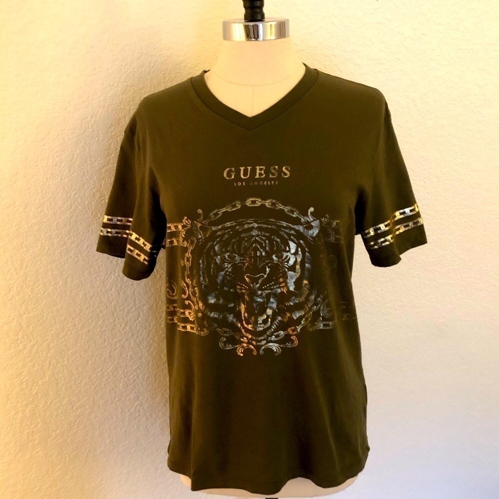 Guess Olive Green and Gold T-Shirt VTG
